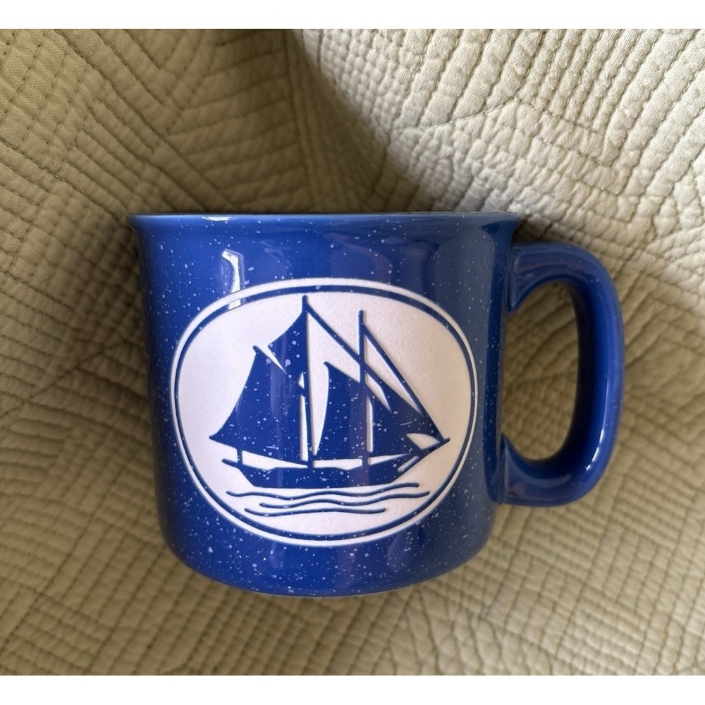 Cape Shore Blue 3D Sailboat White Etched Faux Enamel Speckled Stoneware Camp Mug